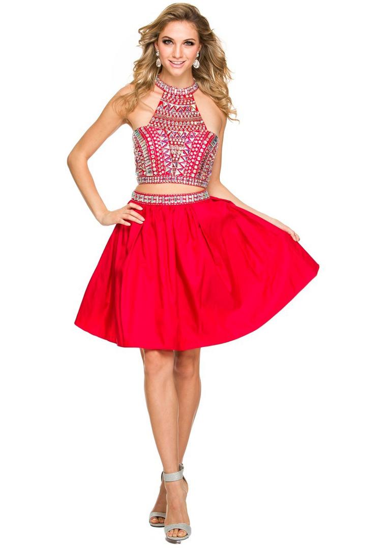 Nox Anabel - Gem Embellished Halter Crop Top Short Cocktail Dress 6053