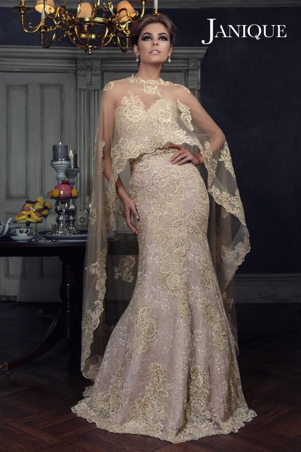 Janique - Embroidered Sweetheart Lace Evening Gown With Sheer High-low Shawl W1718