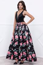 Nox Anabel - Sleeveless Deep V-neck Long Black Dress With Floral Print Skirt 8351