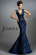Janique - Cap Sleeves Deep V-neckline Lace Gown W977