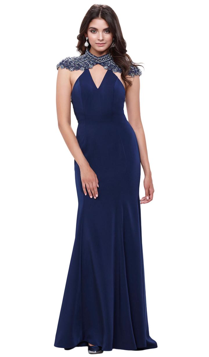 Nox Anabel - Beaded Crisscrossed Mesh Open Back Gown 8293