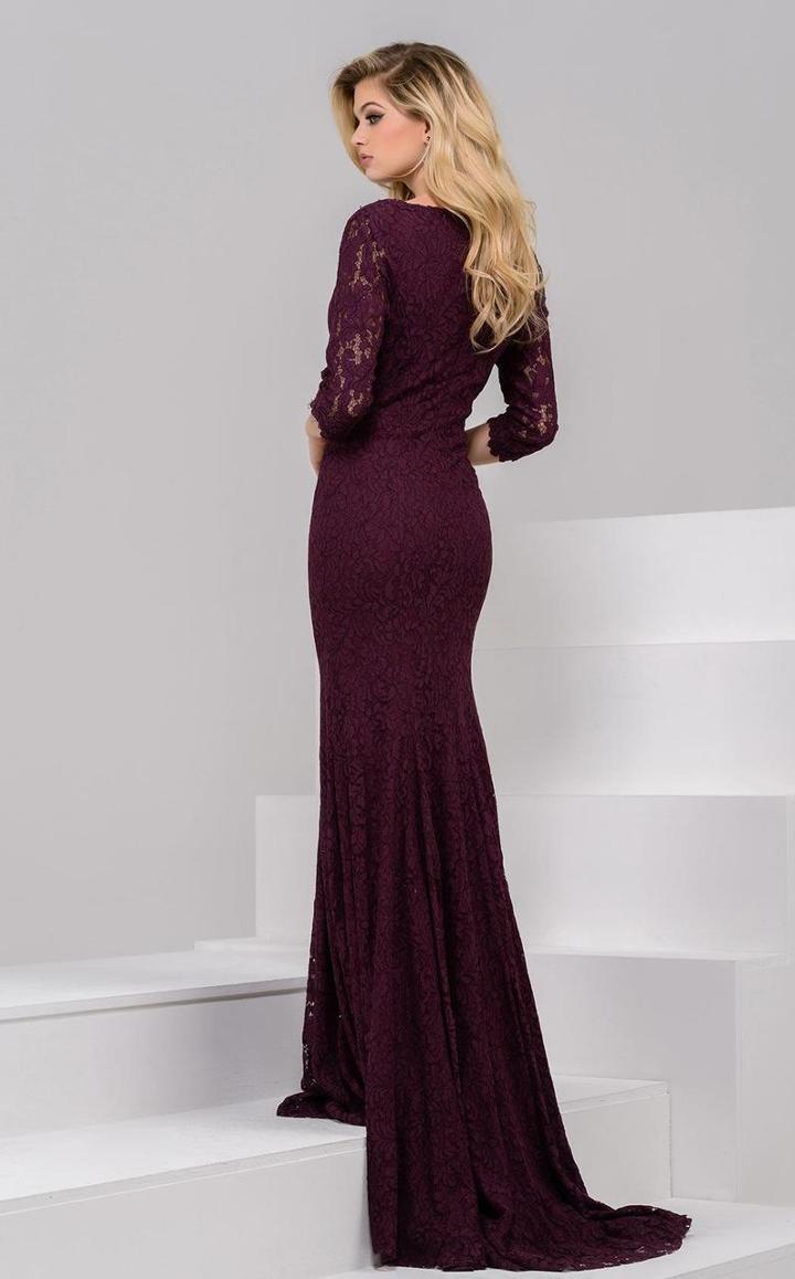 Jovani - Lace V Neck Quarter Length Sleeves Evening Gown
