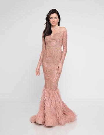 Terani Couture - 1811gl6406 Sheer Embellished Fringed Mermaid Dress