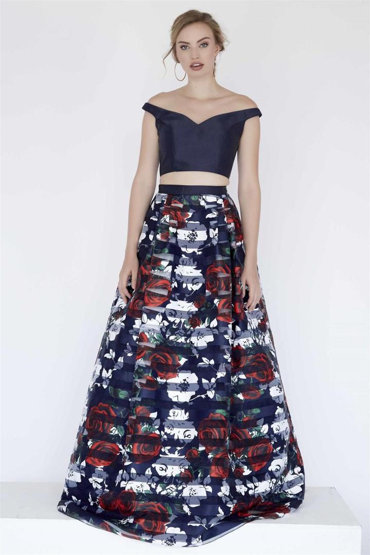 Jolene Collection - 17151 Two-piece Off Shoulder Graphic Floral Gown
