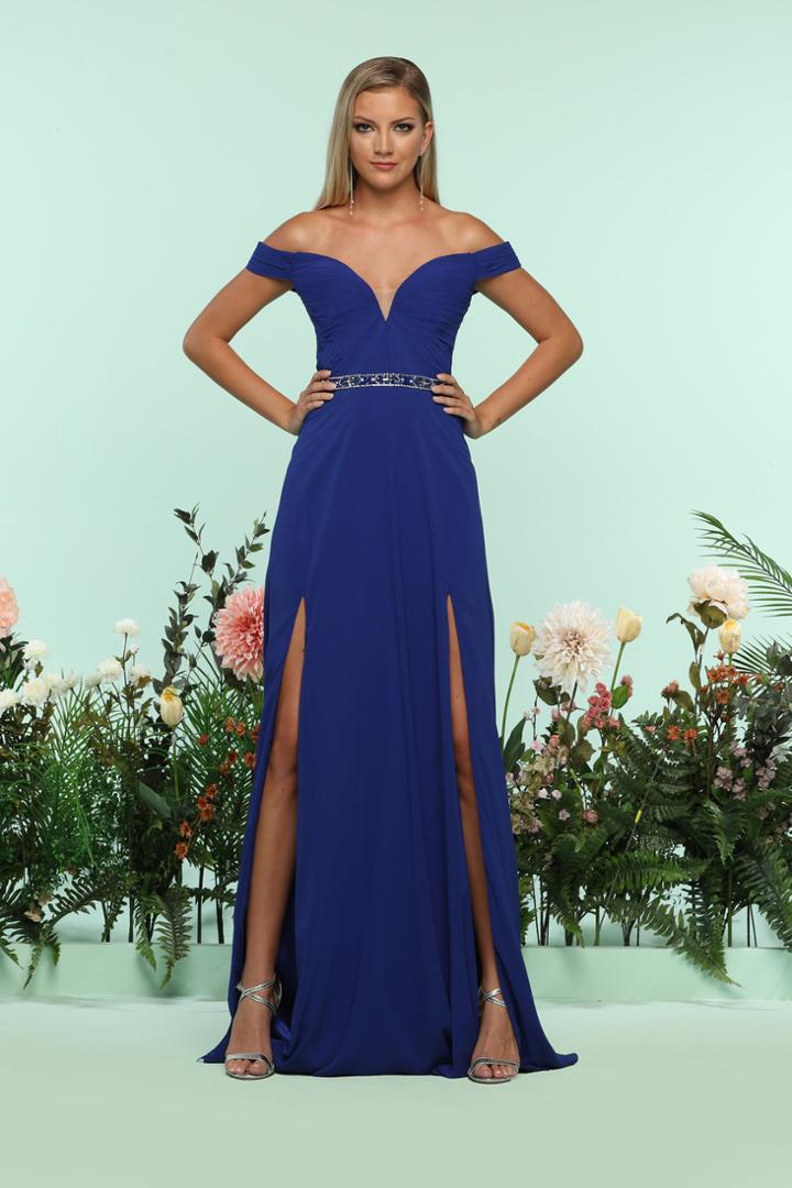 Zoey Grey - 31185 Ruched Plunge Off-shoulder Dual Slit Gown