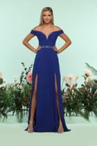 Zoey Grey - 31185 Ruched Plunge Off-shoulder Dual Slit Gown