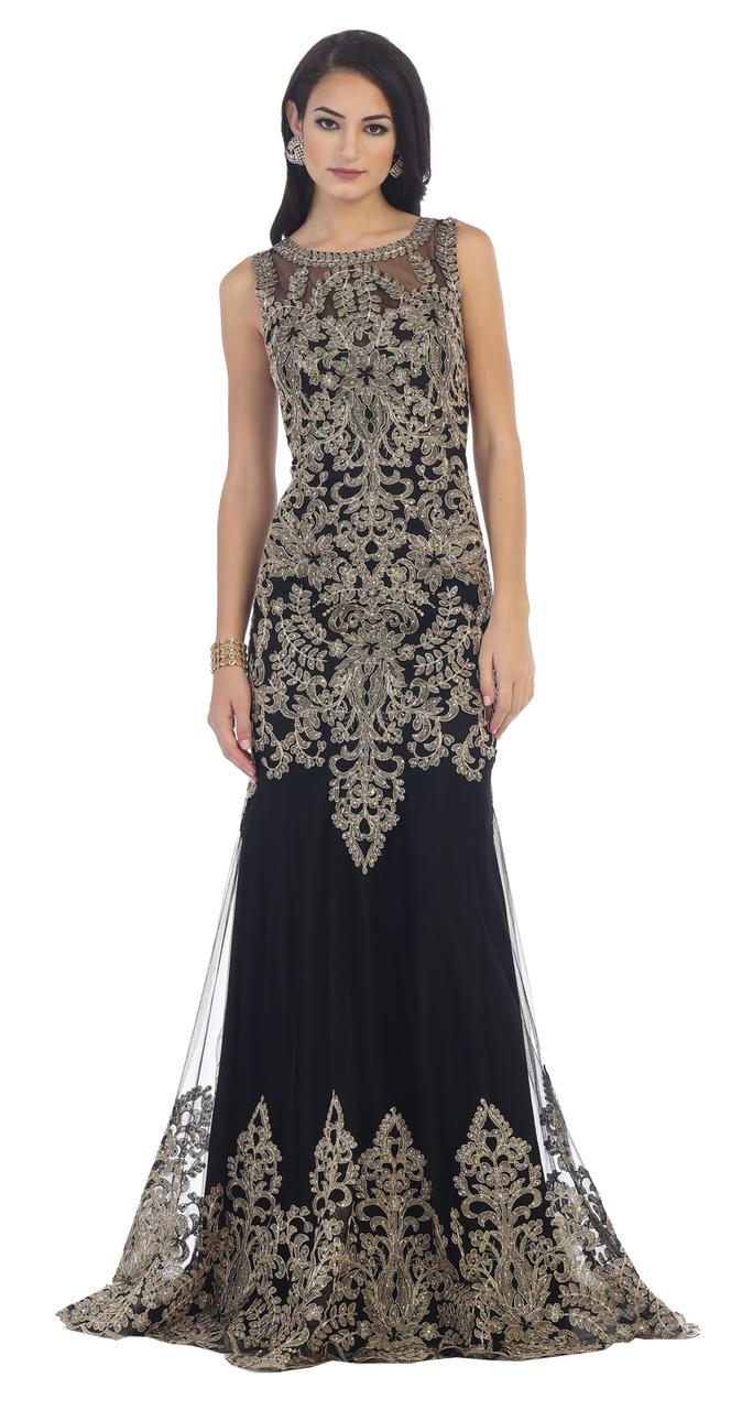 May Queen - Rq7482 Sleeveless Gilded Metallic Leaf Evening Dress