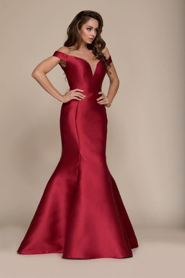 Nox Anabel - C004 Plunge Detailed Off Shoulder Mikado Trumpet Gown