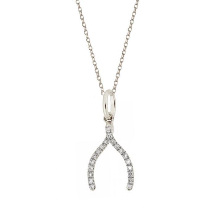 Rachael Ryen - 14k White Gold Diamond Wishbone Charm Necklace
