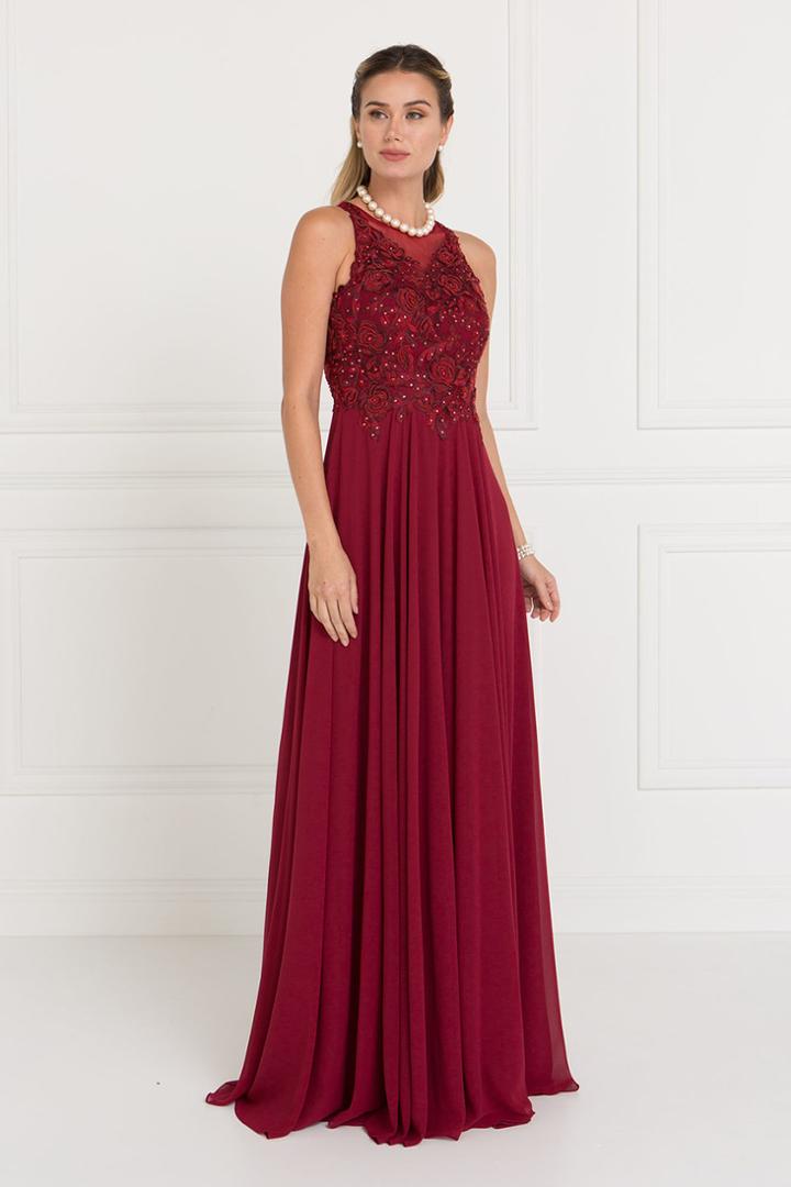 Elizabeth K - Gl1570 Embroidered Illusion Halter Chiffon A-line Dress
