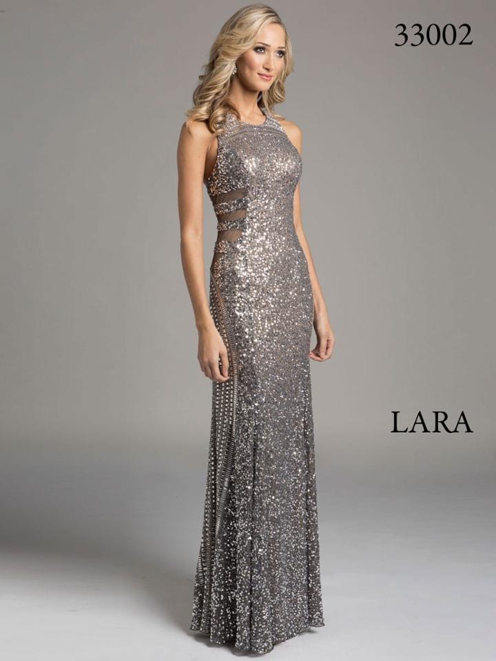 Lara Dresses - Halter Neck Sheer Panel Silver Evening Gown 33002
