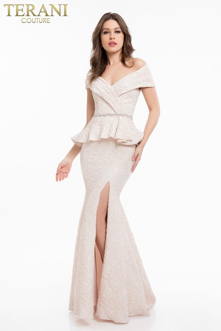Terani Couture - 1821m7561 Surplice Off Shoulder Floral Embossed Gown