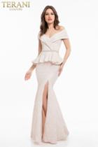 Terani Couture - 1821m7561 Surplice Off Shoulder Floral Embossed Gown