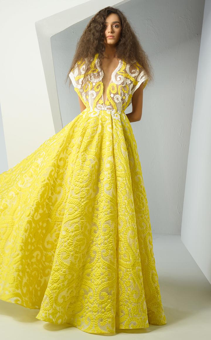Mnm Couture - G0884 Embroidered Deep V-neck A-line Gown