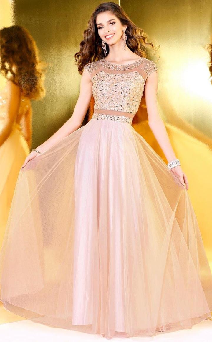 Shail K - Intricately Ornate Sheer Paneled Long Gown With Cap Sleeves 1123