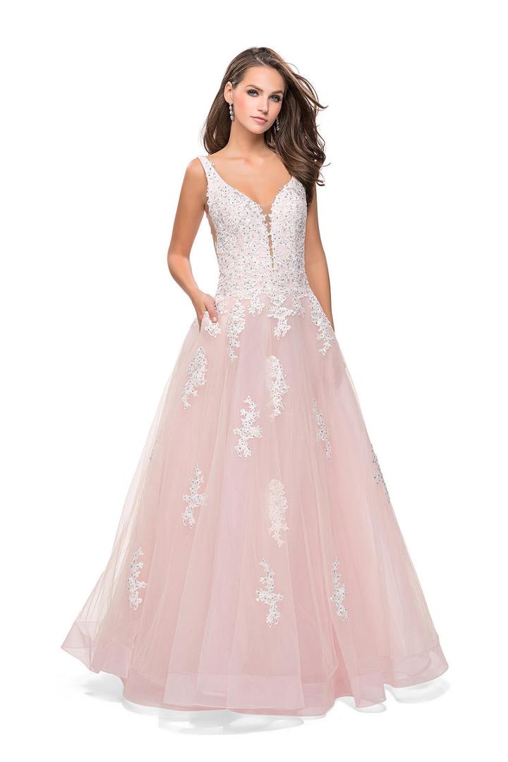 La Femme - 25624 Lace Applique Plunging Ballgown