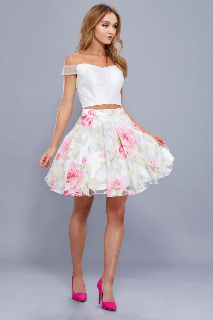 Nox Anabel - 6306 Off-shoulder Two-piece Floral Short Dress