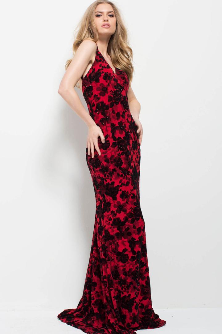 Jovani - 54985 Deep V-neck Floral Print Evening Gown
