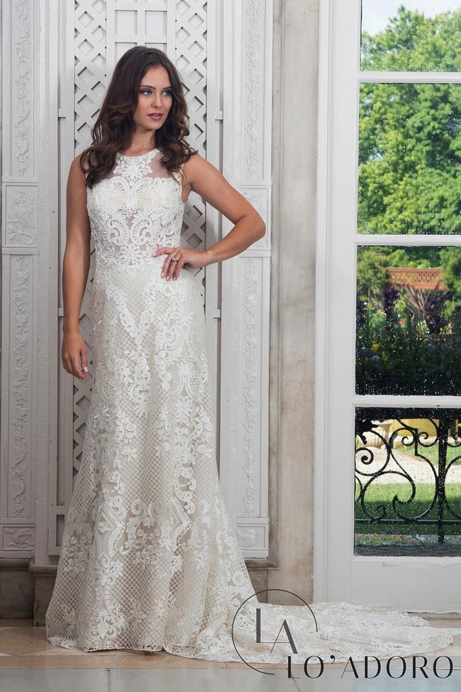 Rachel Allan Bridal - Lace Jewel Neck Sheath Dress With Train M609