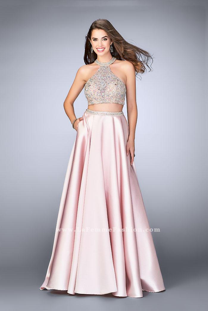 Gigi - Two Piece Crystal Beaded Halter Crop Top Mikado Prom Dress 24563