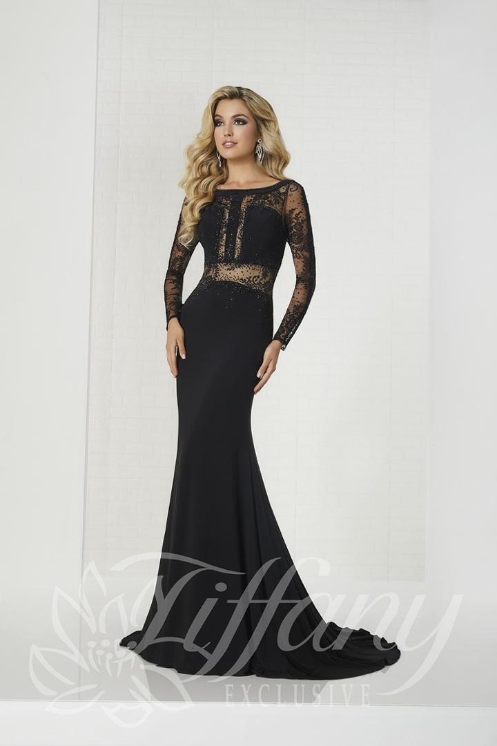 Tiffany Designs - 46129 Long Sleeve Lace Ornate Illusion Paneled Gown