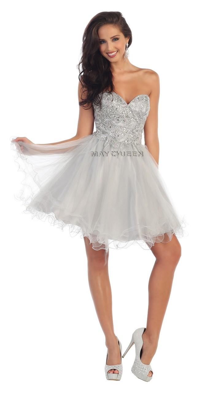 Jeweled Strapless Sweetheart Mesh A-line Dress