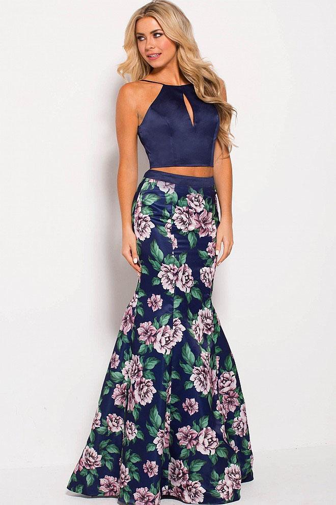 Jovani - Jvn59138 Two-piece Floral Print Haltered Mermaid Gown