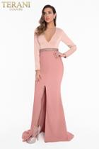 Terani Couture - 1821m7581 Two-toned Long Sleeve Sheath Gown