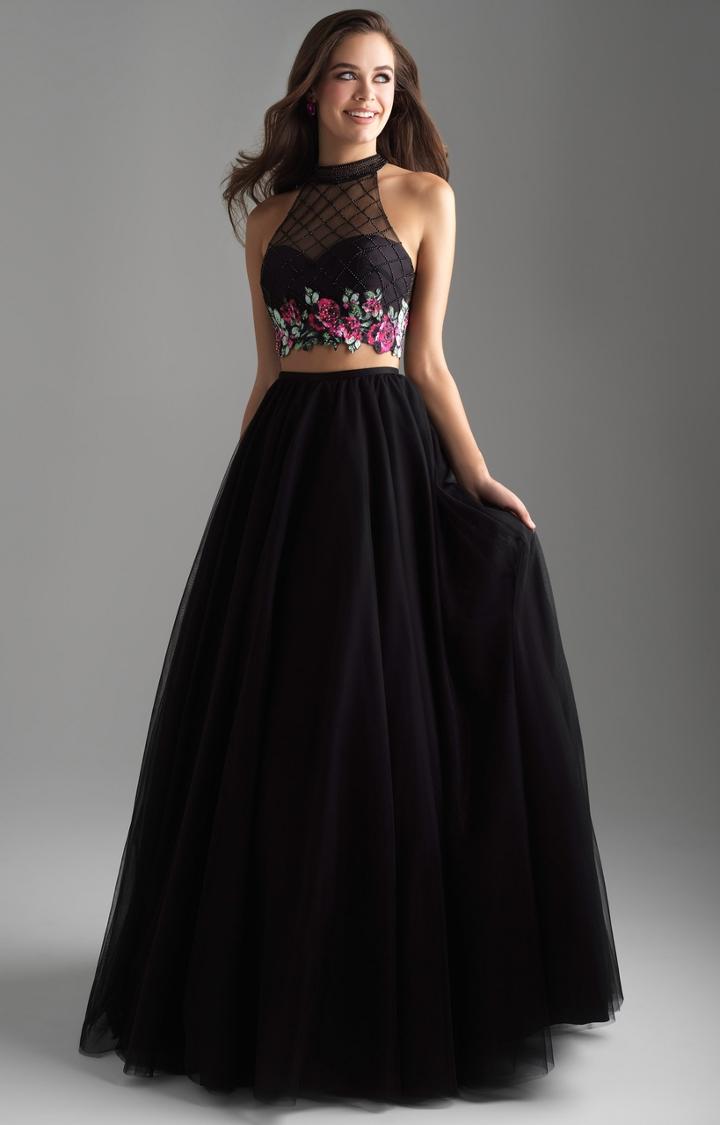 Madison James - 18-603 Illusion High Neck Floral Lattice Ballgown