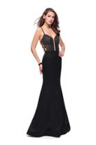 La Femme - 24691 Bedazzled Deep V-neck Satin Trumpet Dress