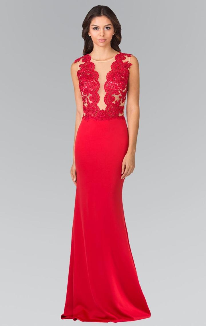 Elizabeth K - Laced Illusion High Neck Jersey Trumpet Dress Gl2286