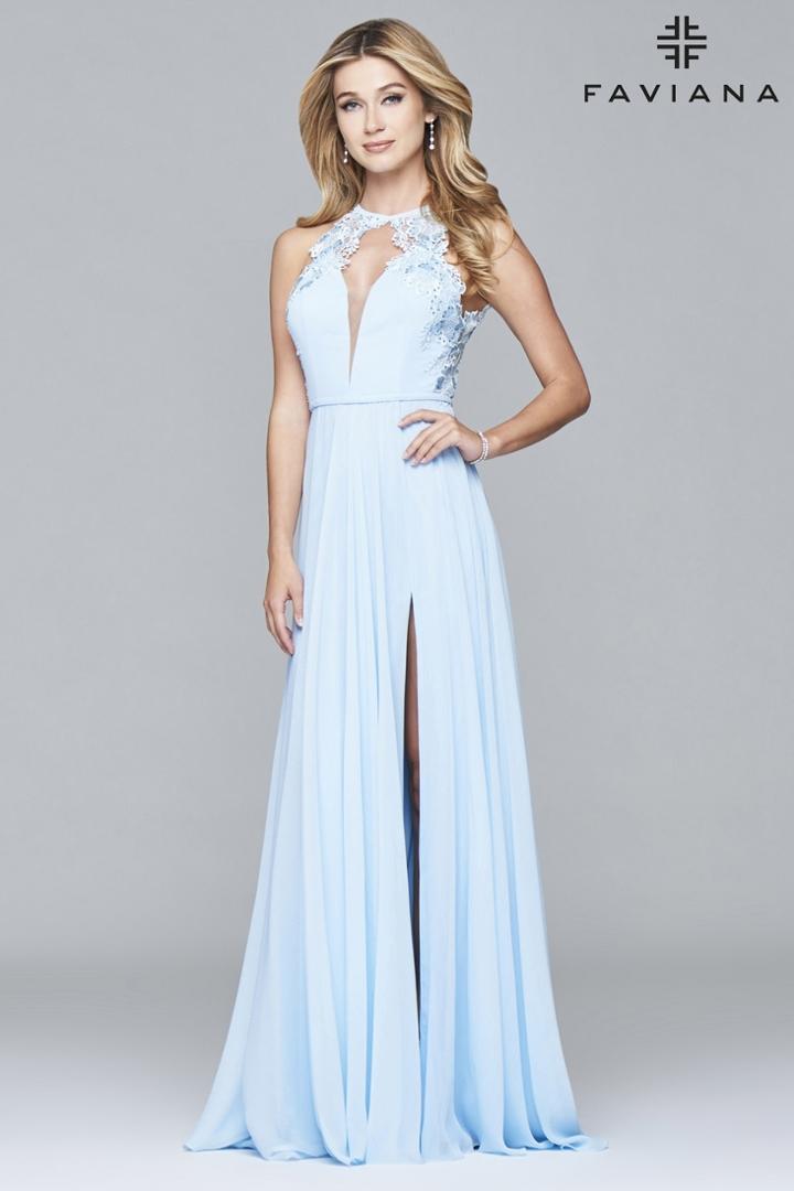 Faviana - 8001 Long Chiffon Deep V-neck Dress With Lace Applique