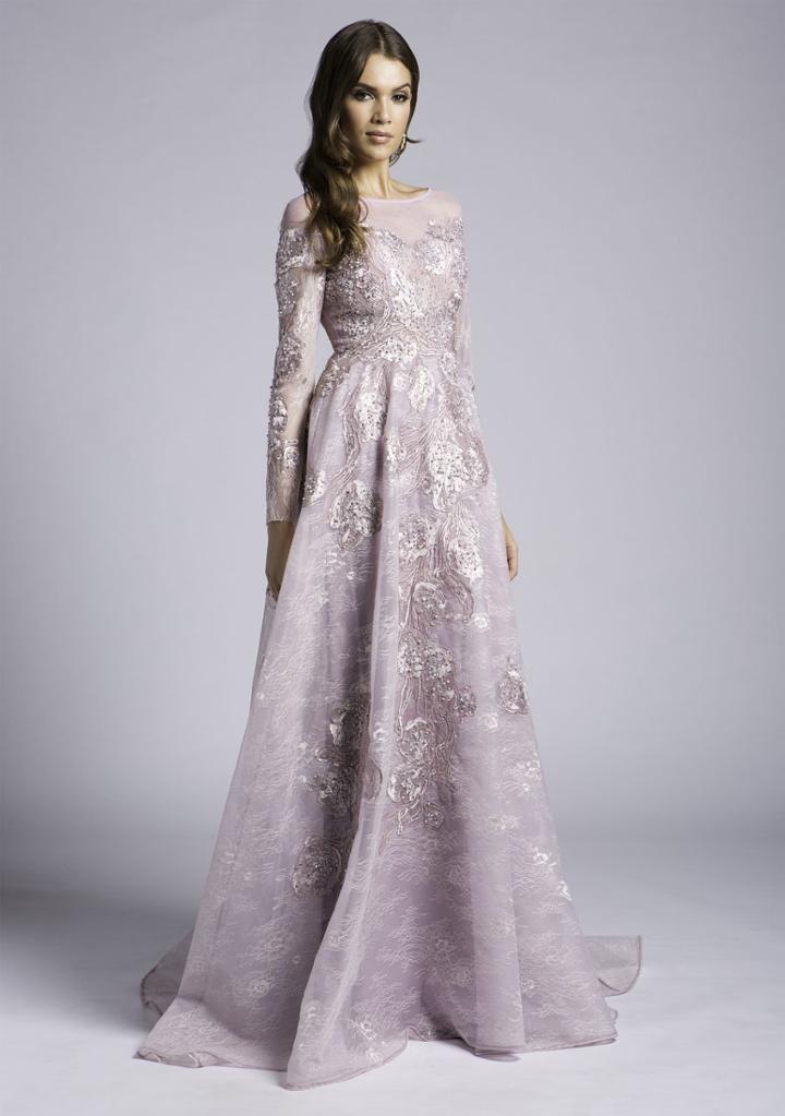 Lara Dresses - 29978 Long Sleeve Pearl Ornate Illusion Lace Gown