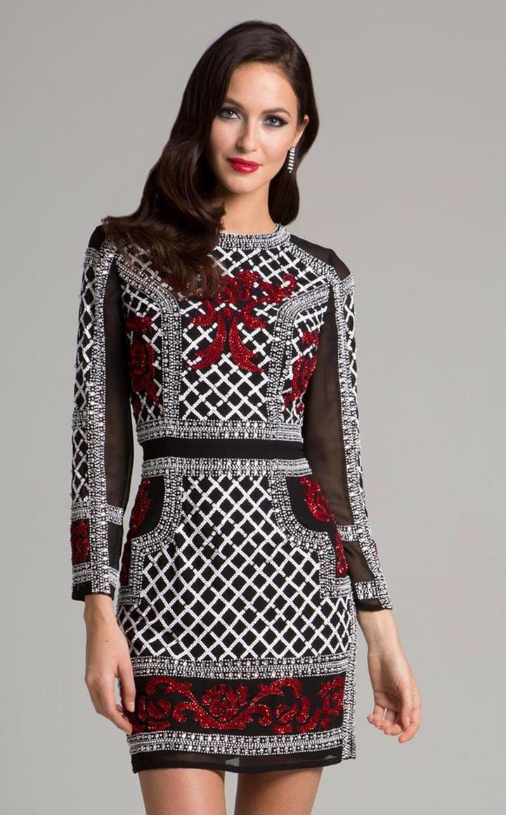 Lara Dresses - 33129 Beaded Jewel Long Sleeves Sheath Cocktail Dress