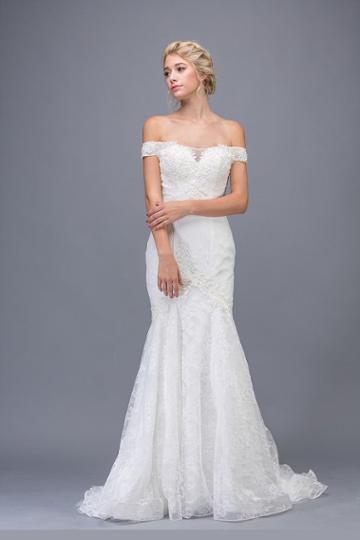 Eureka Fashion Bridal - Off Shoulder Lace Corset Trumpet Bridal Gown