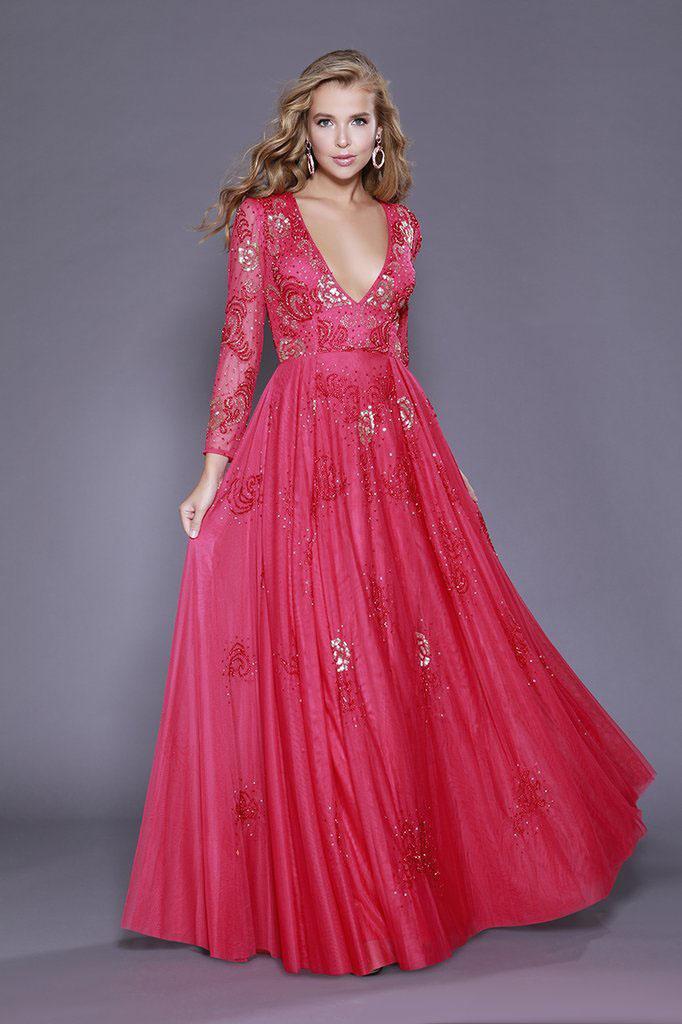 Shail K - 12142 Long Sleeve Sequin Embellished Evening Dress