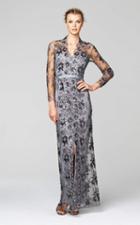 Daymor Couture - Lace Floral V Neck Long Dress With Slit 253