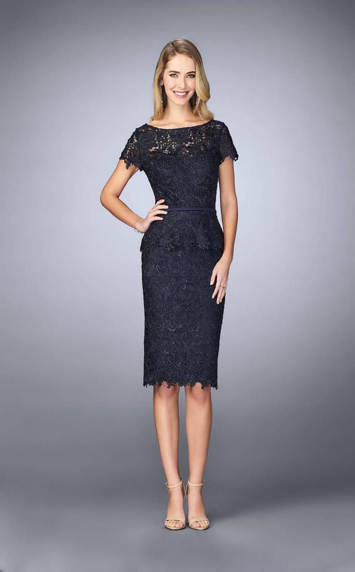 La Femme - 23505 Bateau Neck Lace Short Sleeves Peplum Short Dress