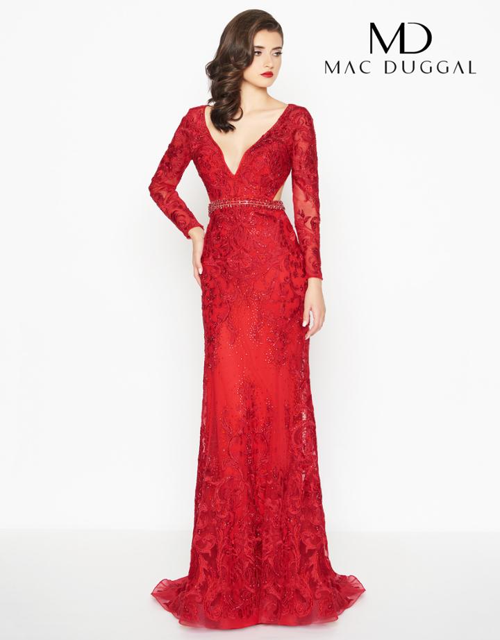 Mac Duggal - 50540r Beaded Lace Deep V-neck Sheath Dress
