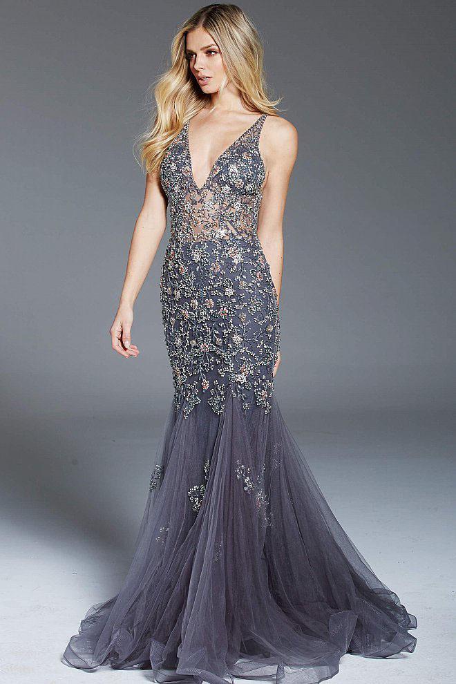 Jovani - 61040 Floral Beaded Deep V-neck Trumpet Gown