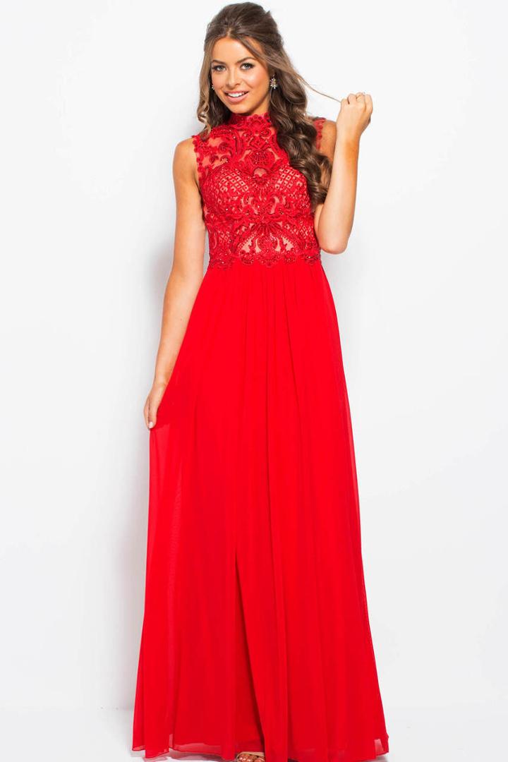 Jovani - Jvn55872 Embroidered Illusion High Neck A-line Gown