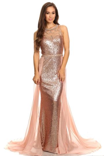 Eureka Fashion - Sequined Illusion Halter Dress With Sheer Overlay