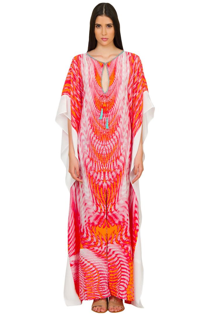 Caffe Swimwear - Embellished Open Front Long Kaftan In Red