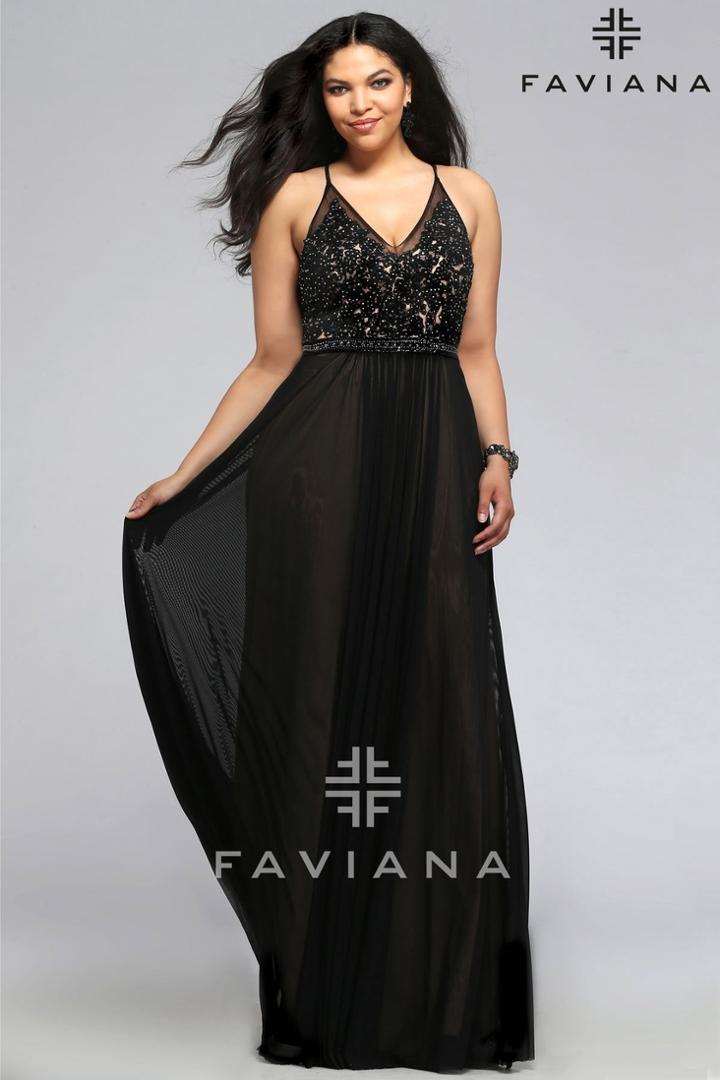 Faviana - 9373 Mesh V-neck Plus Size Prom Dress With Lace And Beading Details