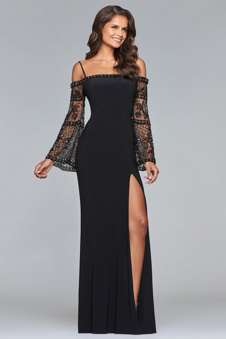 Faviana - S10101 Beaded Bell Sleeves Fitted Gown