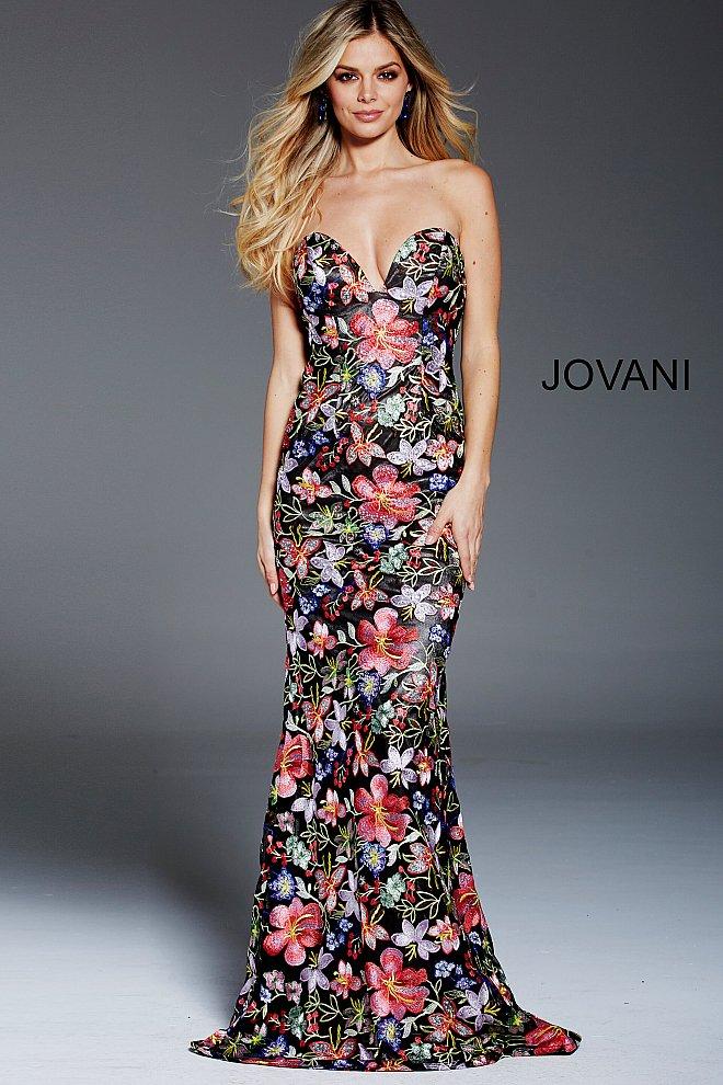 Jovani - 55745 Strapless Black Multi Floral Evening Dress