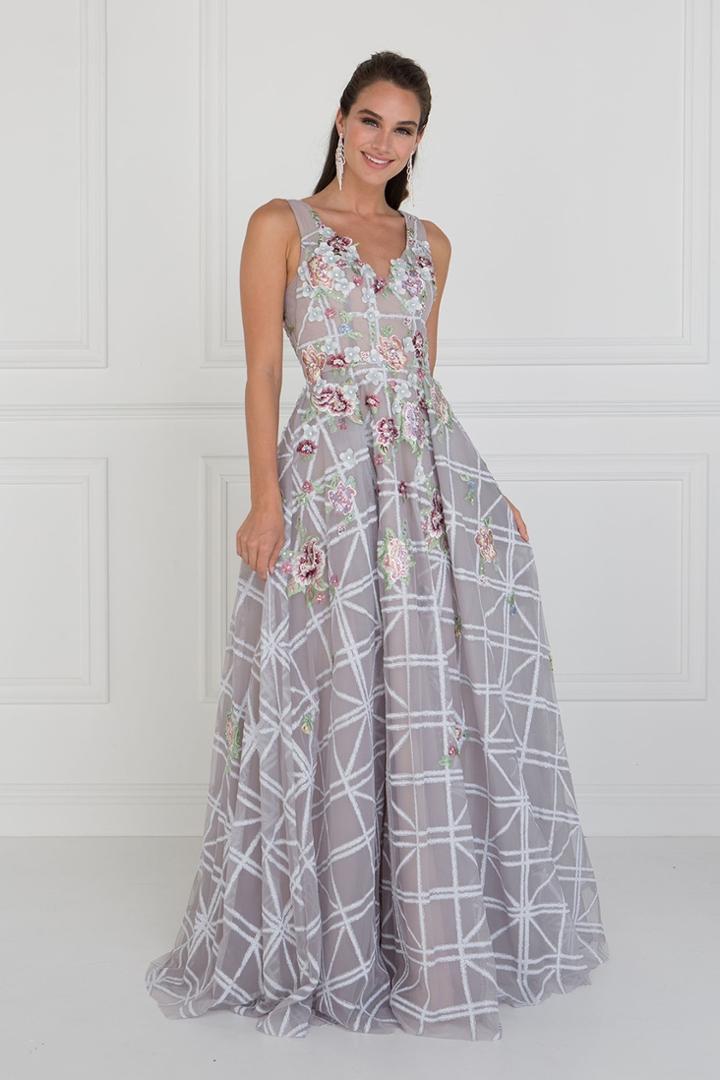 Elizabeth K - Gl1550 Floral Embroidered Lattice Tulle A-line Gown