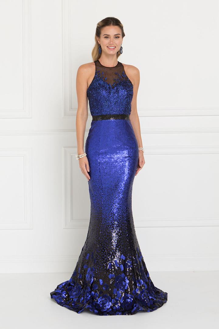 Elizabeth K - Gl1505 Sequined Sheer Fitted Floral Dress