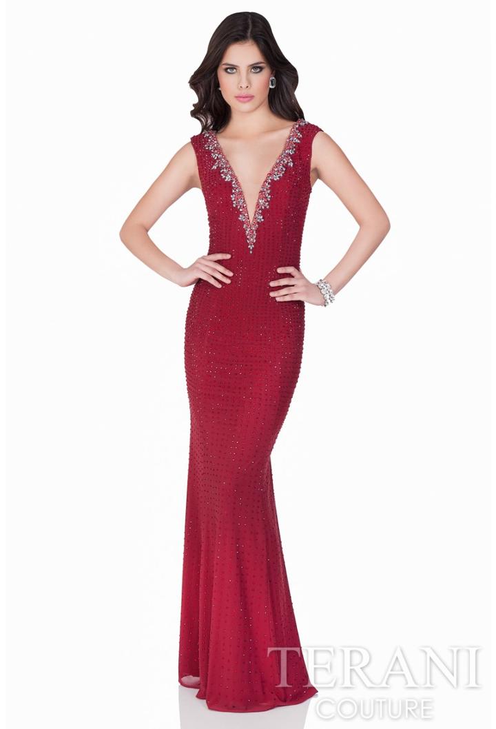 Terani Evening - Plunging V-neck With Shimmering Crystals Evening Gown 1622e1578