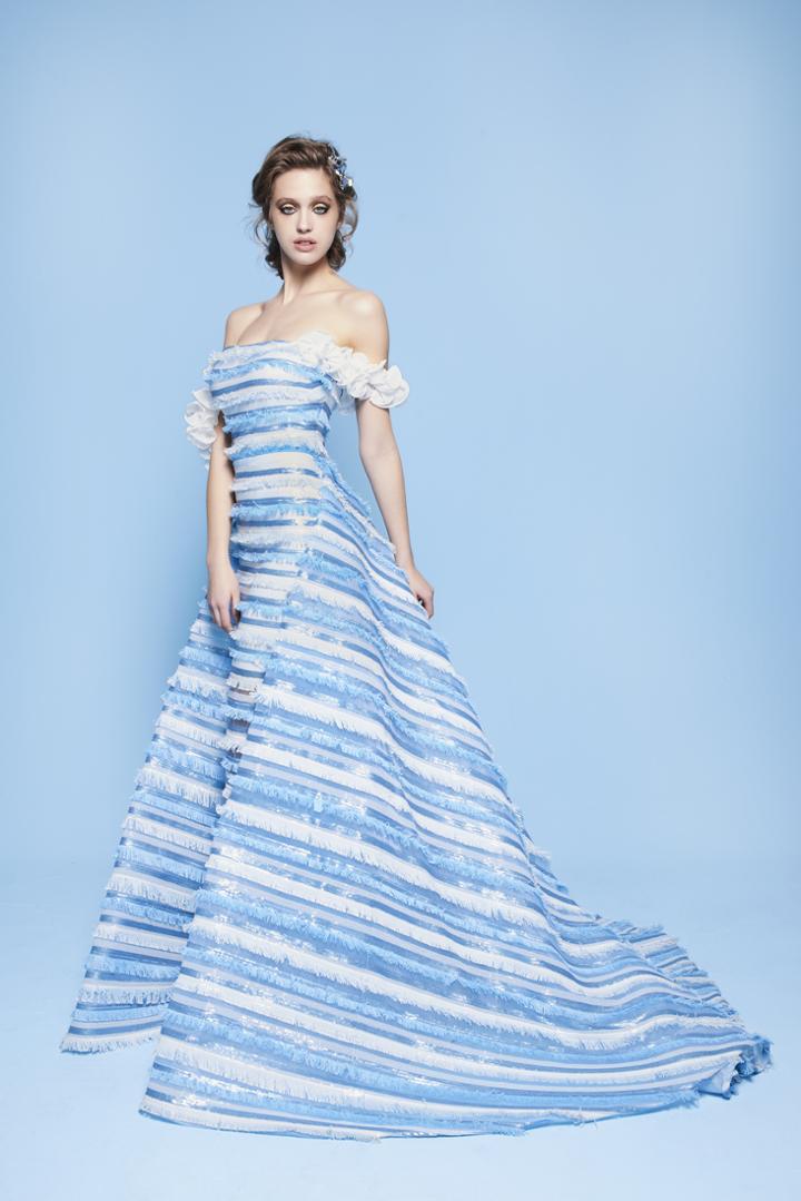 Mnm Couture - N0228 Off Shoulder Fringe-trimmed Stripe Overskirt Gown